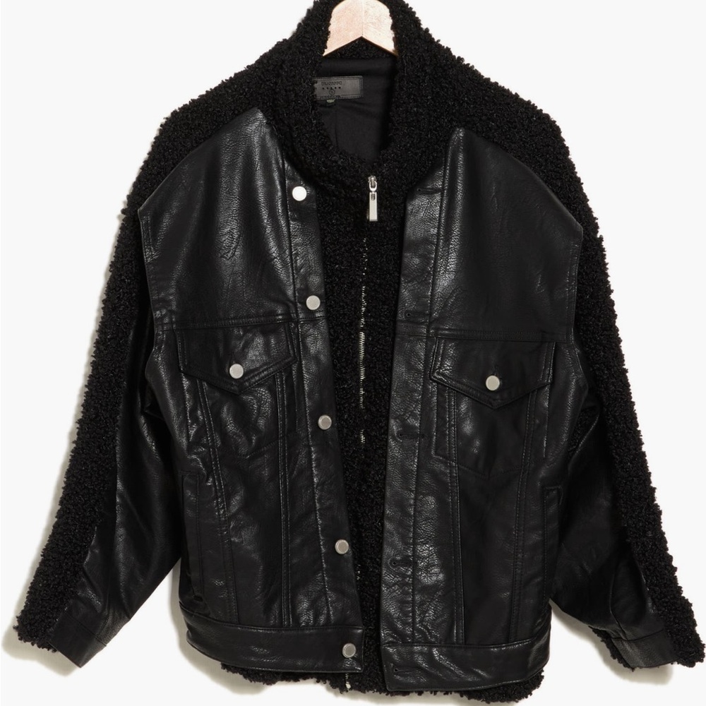 Black Faux Leather Jacket with Shearling Trim
